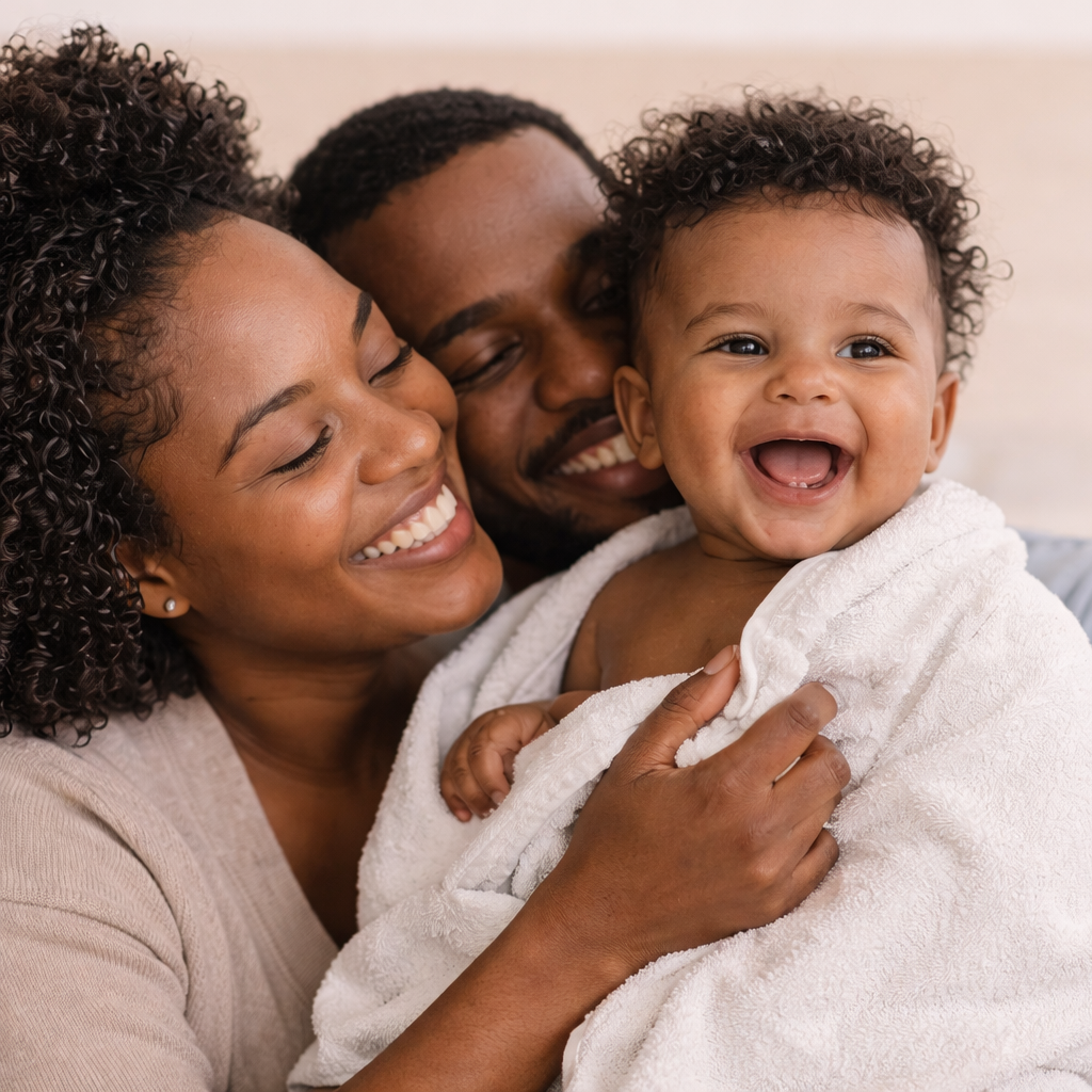 Family of three with a child wrapped in a towel, smiling and posing together. eczema support for babies 